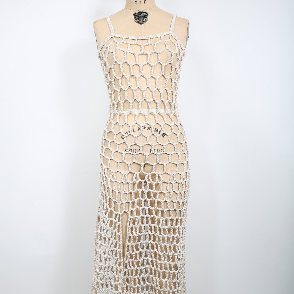 Artisan Handmade Beige & Gold Metallic Open Mesh Midi Dress Summer Beach Pool